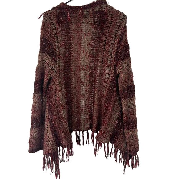 Mismash Women's Size XS/S Burgundy Knit Open Front Fringe Boho Cardigan Sweater - Picture 8 of 10